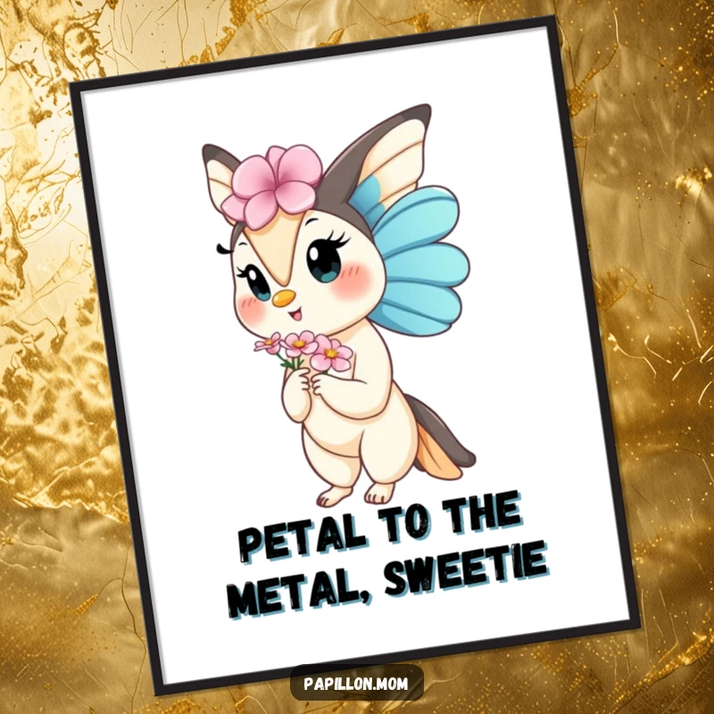 Free Printable Wall Art: Kawaii Papillon lady offering a small bloom, creating a peaceful, graceful scene.