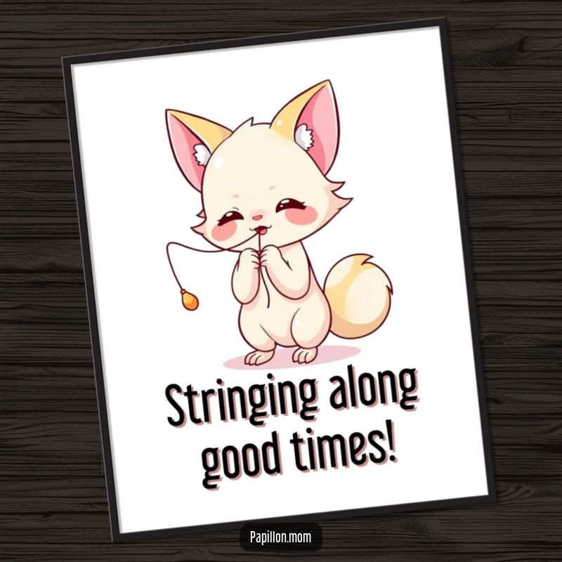 Free Printable Wall Art: Kawaii Papillon lady playfully batting at a dangling string, exuding youthful energy and carefree fun.