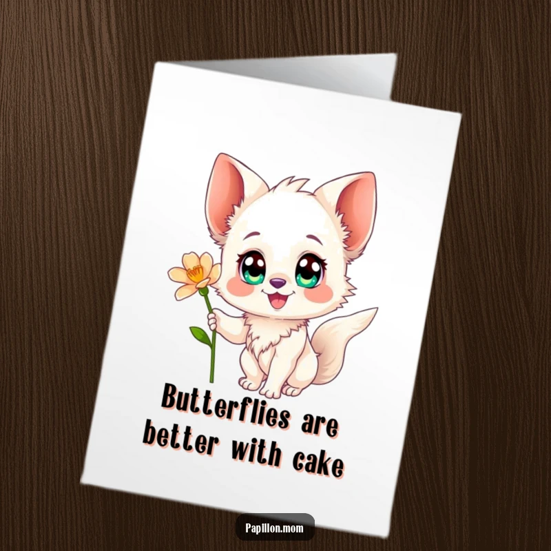Funny Free Printable Papillon Birthday Card: Cute dog with expressive eyes reaching for a flower illustration.