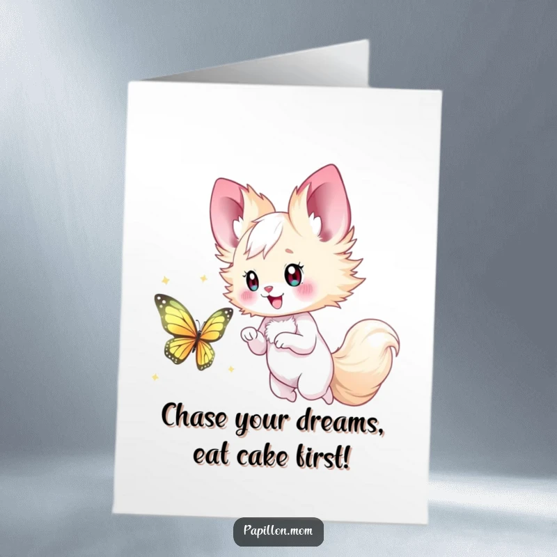 Funny Free Printable Papillon Lady Birthday Card, happily chasing a shimmering butterfly, a downloadable gift.