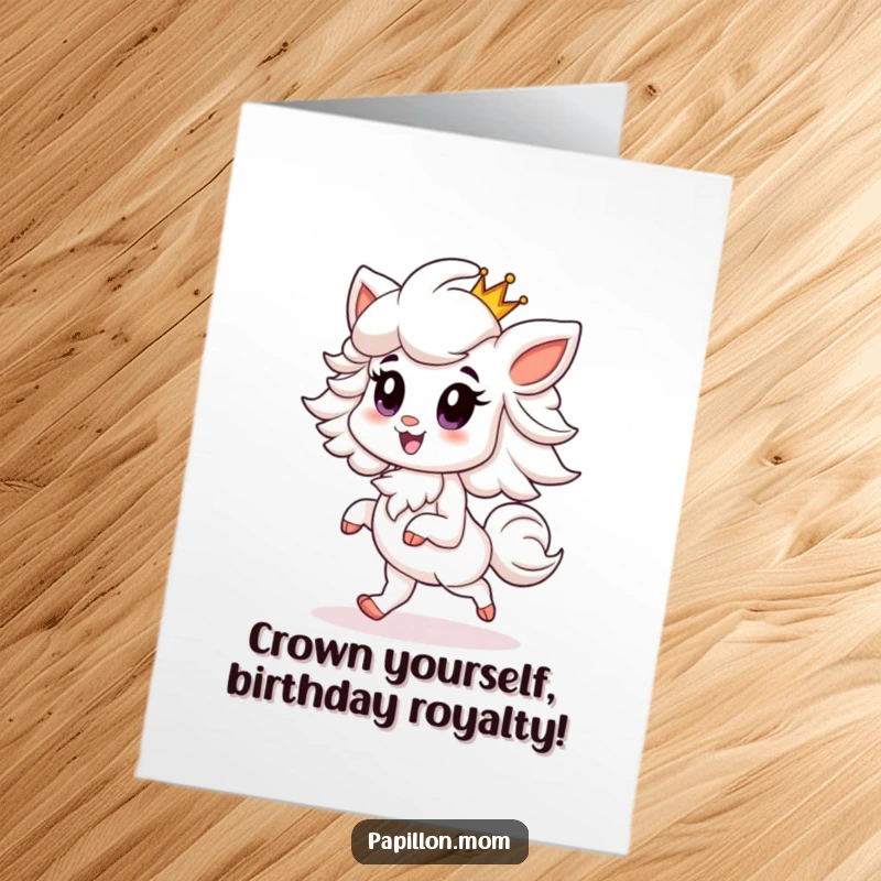 Funny Free Printable Birthday Card: Papillon dog with a proud smile, prancing gracefully wearing a tiny, sparkling crown.