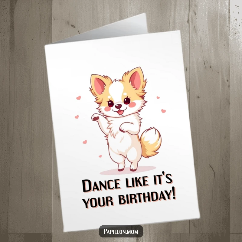 Funny Free Printable Birthday Card: A Papillon dog performs a graceful dance with a flourish and a happy expression.