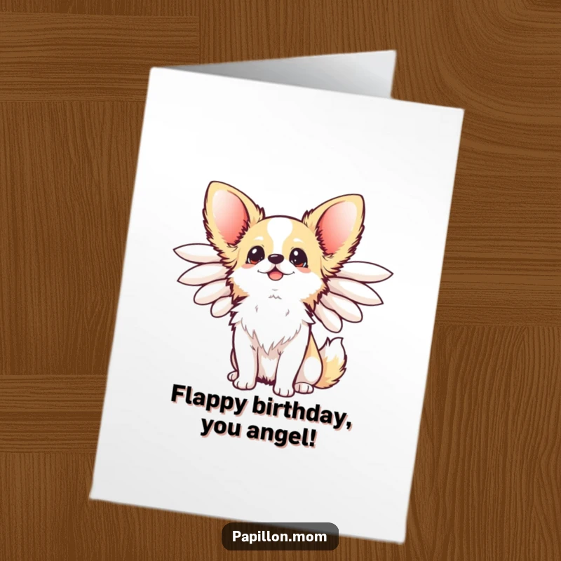 Funny Free Printable Birthday Card: Kawaii Papillon dog with elegant wings flared, looking up happily, celebrating the day.