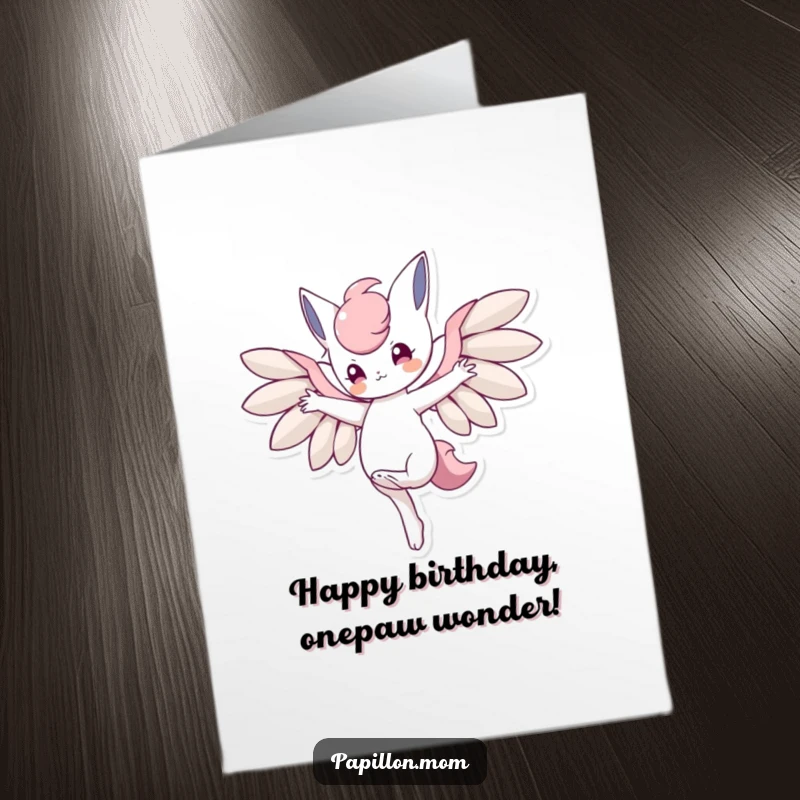Funny Free Printable Birthday Card: Character balancing on one paw with wings outstretched, showing playful skill