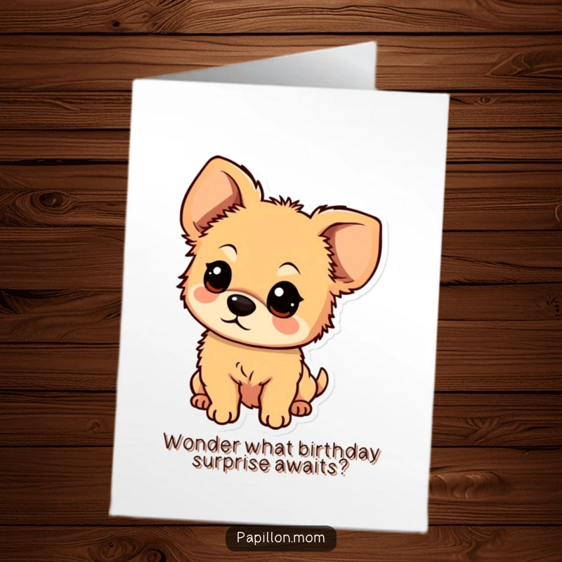 Funny Free Printable Birthday Card: A small, fluffy dog with large, floppy ears looking curiously at the viewer.