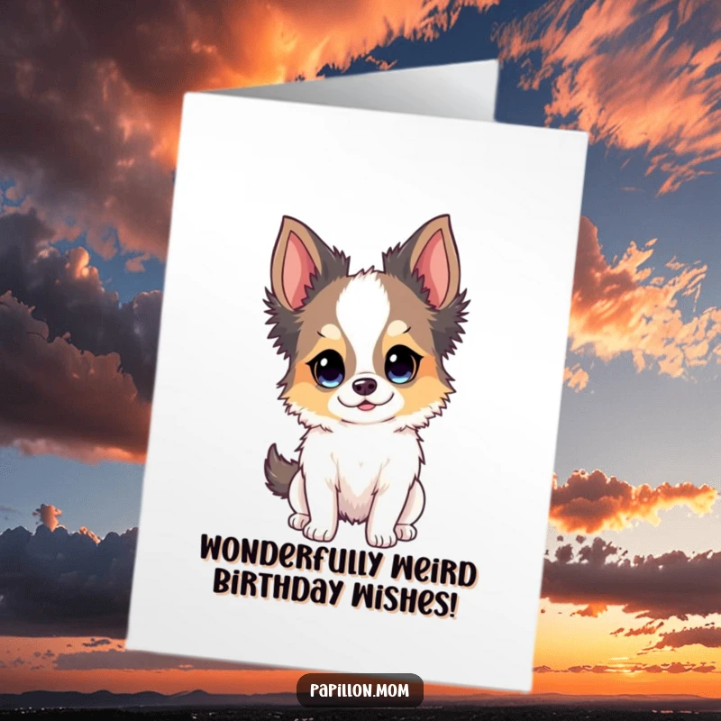 Funny Free Printable Birthday Card: A Papillon dog with bright, curious eyes, peeking out with excitement.