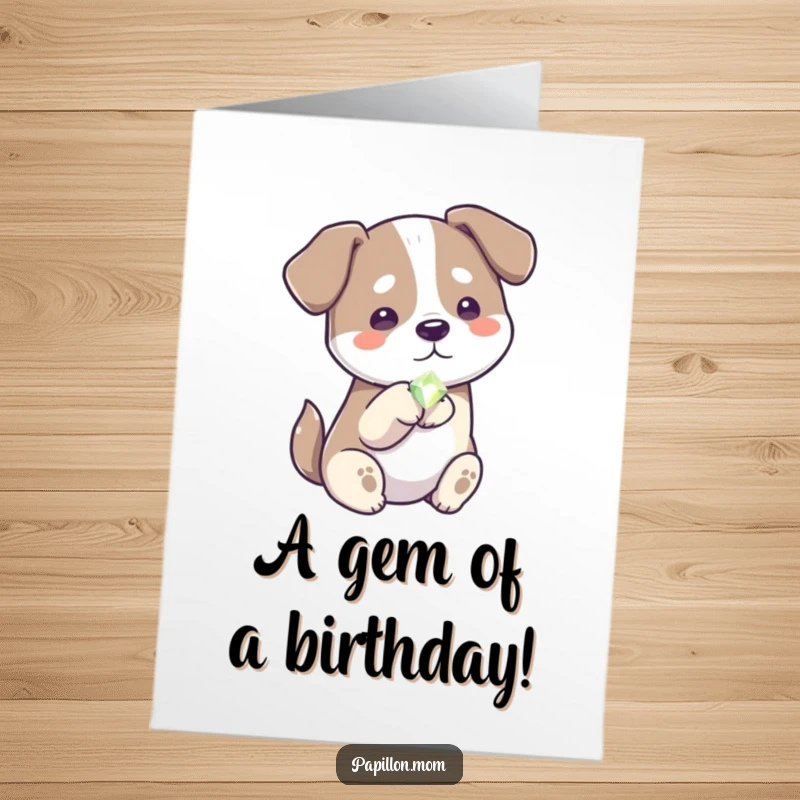 Funny Free Printable Birthday Card: A dog gently extends a paw, offering a small, shiny gem as a birthday treasure.