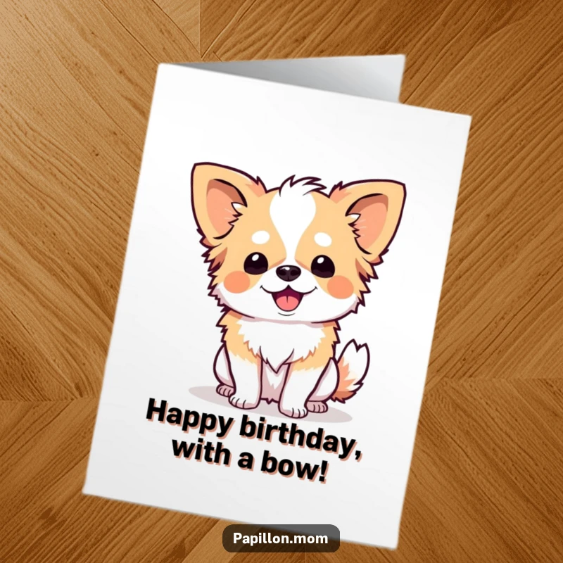 Funny Free Printable Birthday Card: A Papillon dog with a wide smile performs a charming, polite curtsy.
