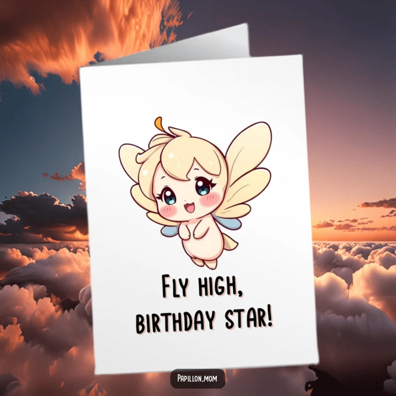 Funny Free Printable Birthday Card: Character fluttering gracefully with a happy expression, spreading joy
