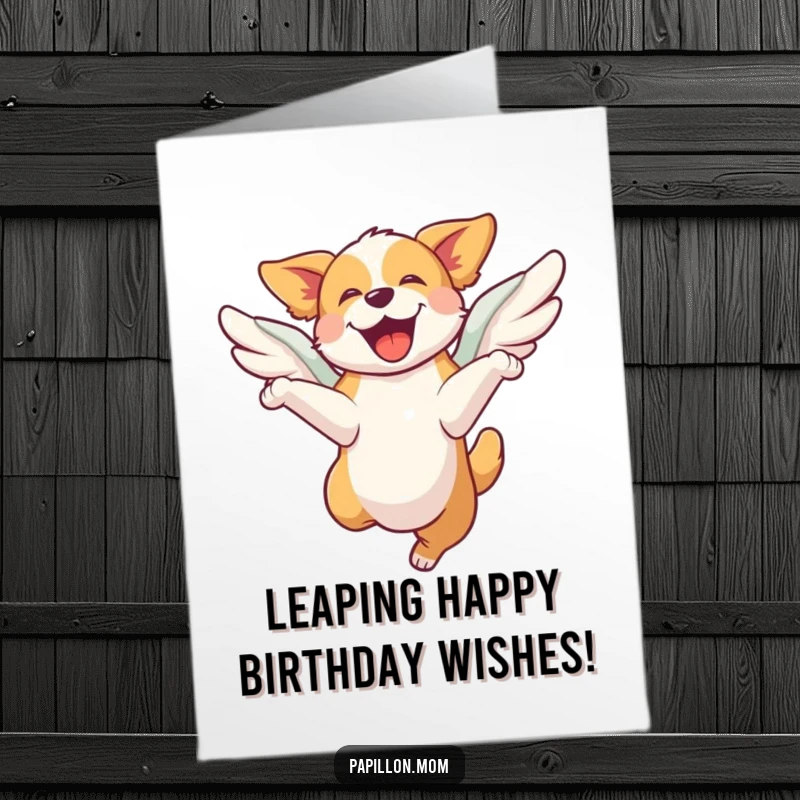 Funny Free Printable Birthday Card of a dog leaping with joy, its wings providing an extra boost