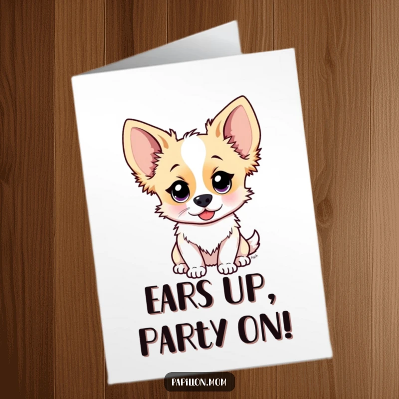 Funny Free Printable Birthday Card: a Papillon dog with perked ears intently listening, as if hearing the birthday wishes.