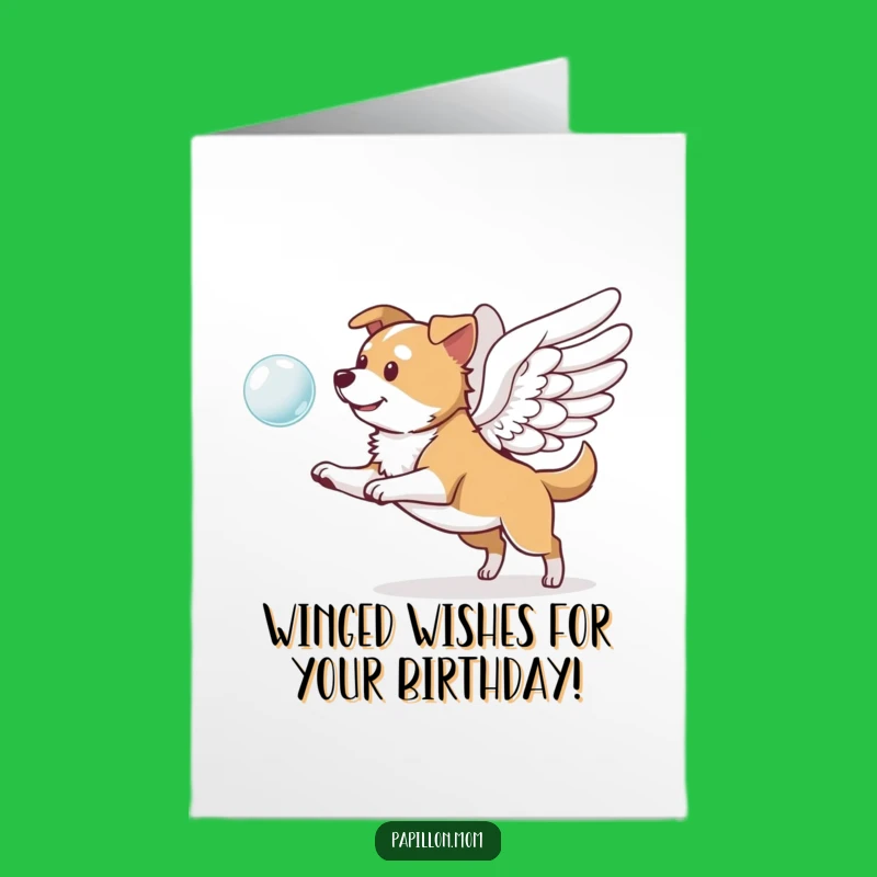 Free Printable Birthday Card: Winged Dog Chasing Bubbles, Whimsical Downloadable Gift
