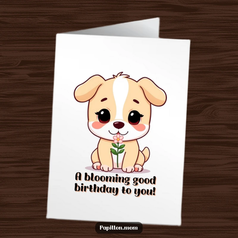 Funny Free Printable Birthday Card: Dog with a sweet expression gently offering a small flower, symbolizing birthday love and kindness.