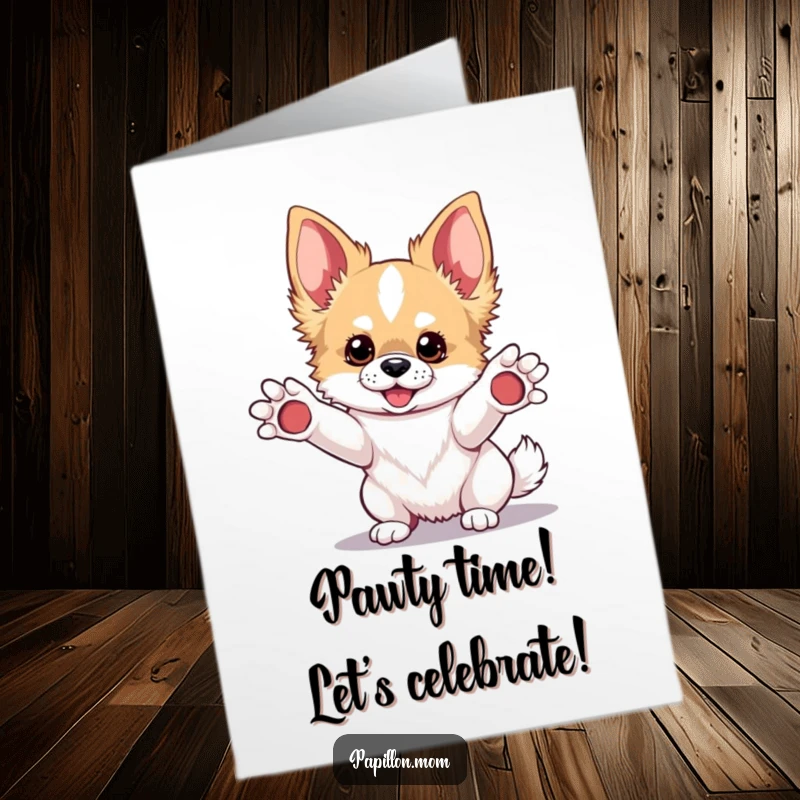 Funny Free Printable Birthday Card: Cute Kawaii Papillon dog happily extends paws for playful fun, ready to celebrate your special day.