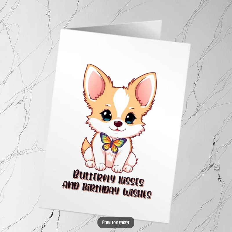 Funny Free Printable Birthday Card of a Papillon dog with a butterfly balanced precariously on its nose, looking surprised.