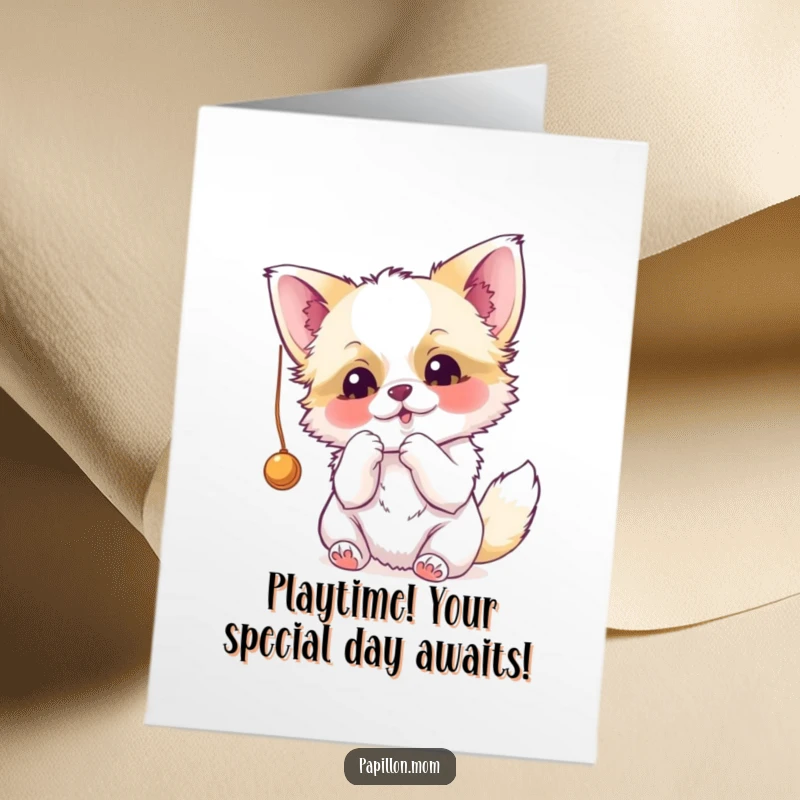 Funny Free Printable Papillon Birthday Card: Adorable dog batting playfully at a string, ready to celebrate. A downloadable delight.