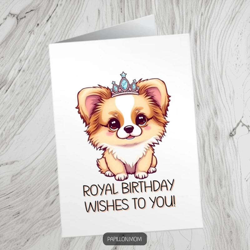 Funny Free Printable Papillon Birthday Card: Cute dog in a sparkly tiara, looking magically enchanted for a birthday wish.