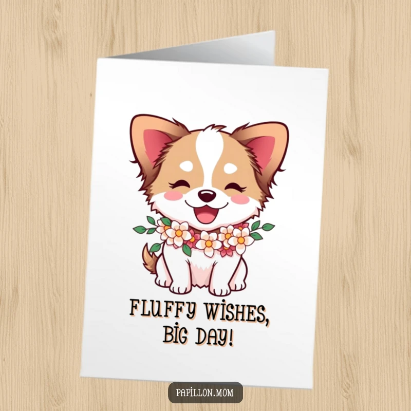 Funny Free Printable Papillon Birthday Card featuring a joyful dog with a floral garland, ready to send birthday wishes with a smile.