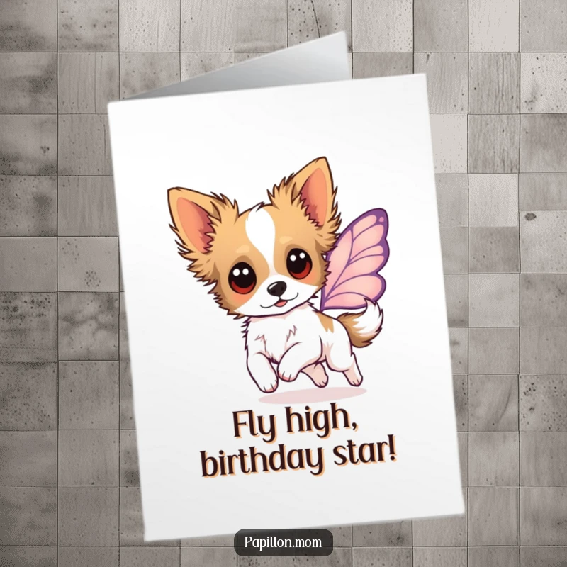 Funny Free Printable Papillon Birthday Card: Dog mid-leap with hinted butterfly wings, expressing pure joy.