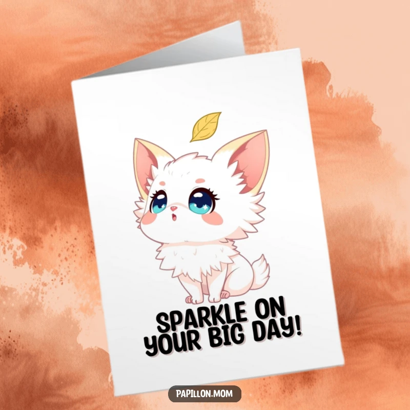 Free Printable Papillon Birthday Card: Dog with sparkling eyes gazing at a falling leaf. A whimsical downloadable greeting.