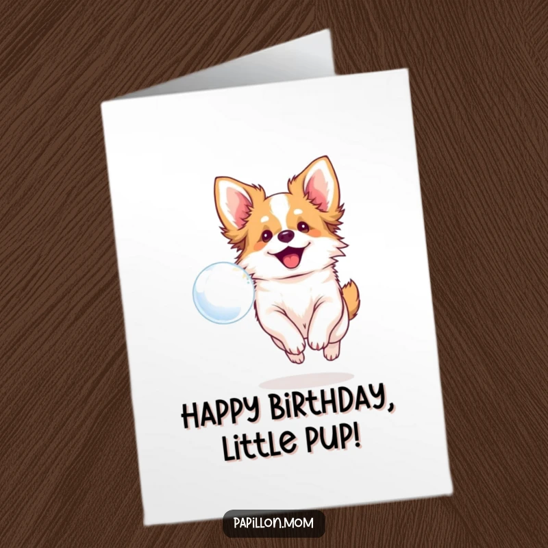 Funny Free Printable Birthday Card: A smiling Papillon dog excitedly chasing a floating bubble, perfect for a fun greeting.