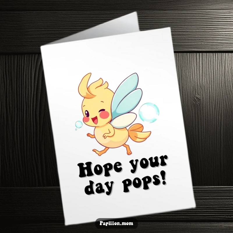 Funny Free Printable Papillon Birthday Card: Energetic dog joyfully chasing a shimmering soap bubble.