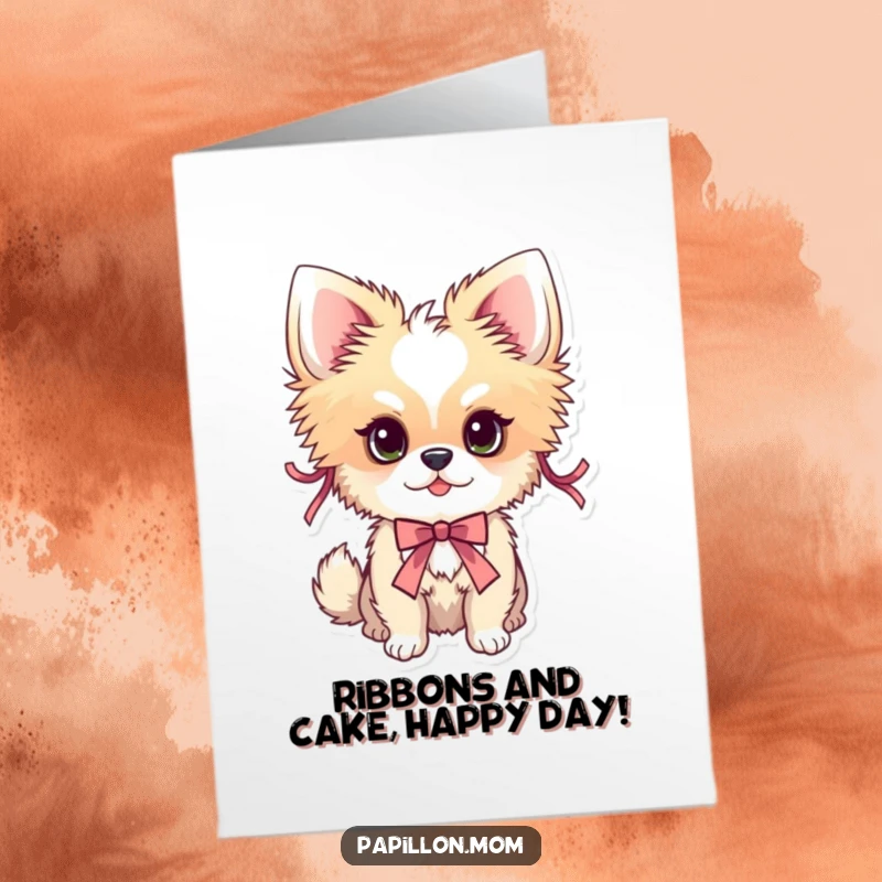 Funny Free Printable Birthday Card: A Papillon dog decorated with pretty ribbons, looking festive and happy.