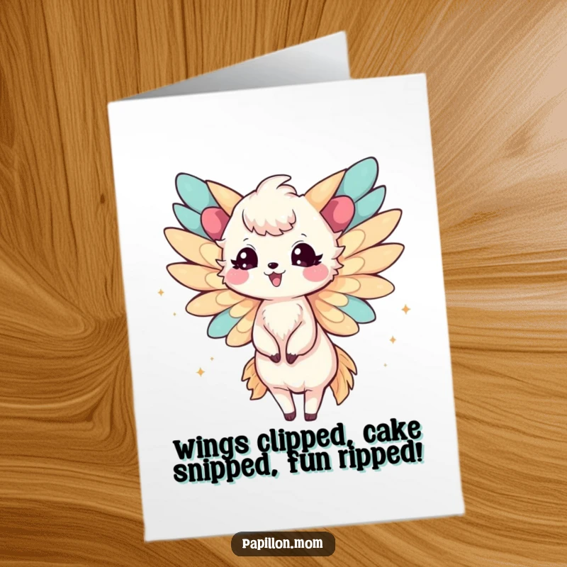 Funny Free Printable Papillon Lady Birthday Card with delicate wings fluttering joyfully, a whimsical downloadable gift.