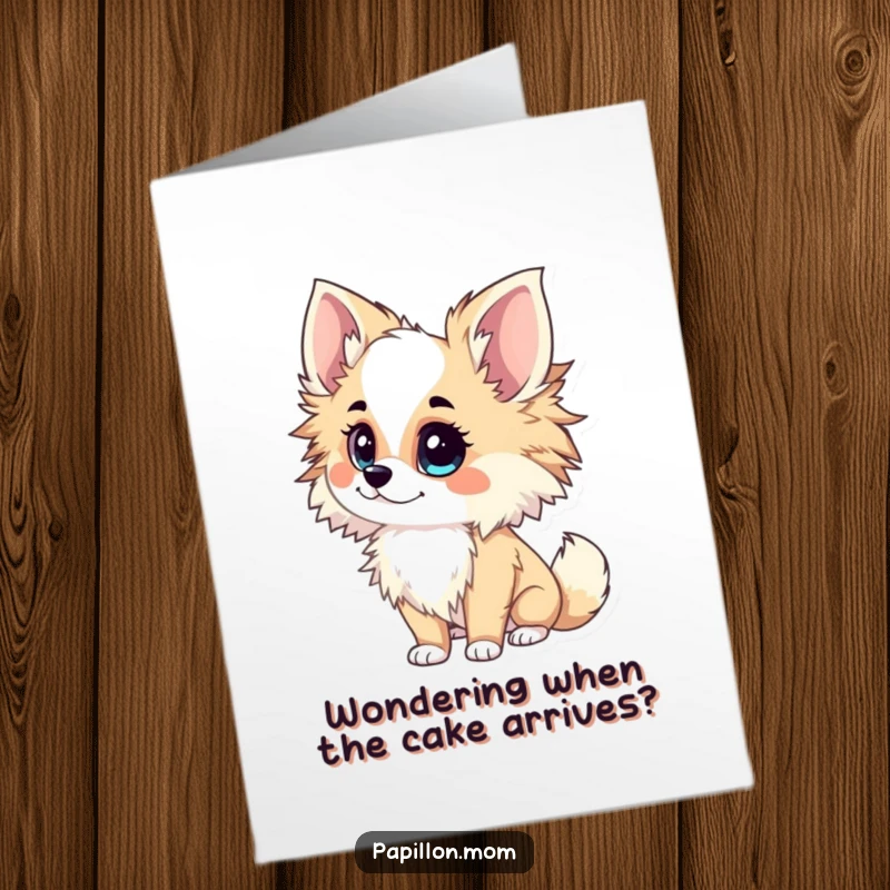 Funny Free Printable Papillon Lady Birthday Card, with an inquisitive tilt of her head, a downloadable gift.