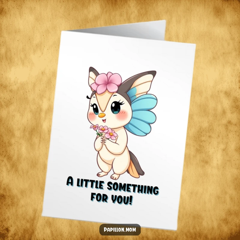 Free Printable Congrats Card: Kawaii Papillon lady gently presenting a delicate flower, ideal for celebrations.