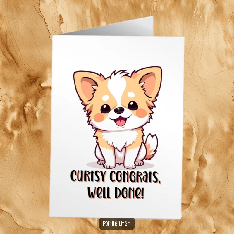 Funny Free Printable Congrats Card: A happy Papillon dog executes a graceful and polite curtsy, tipping its head.