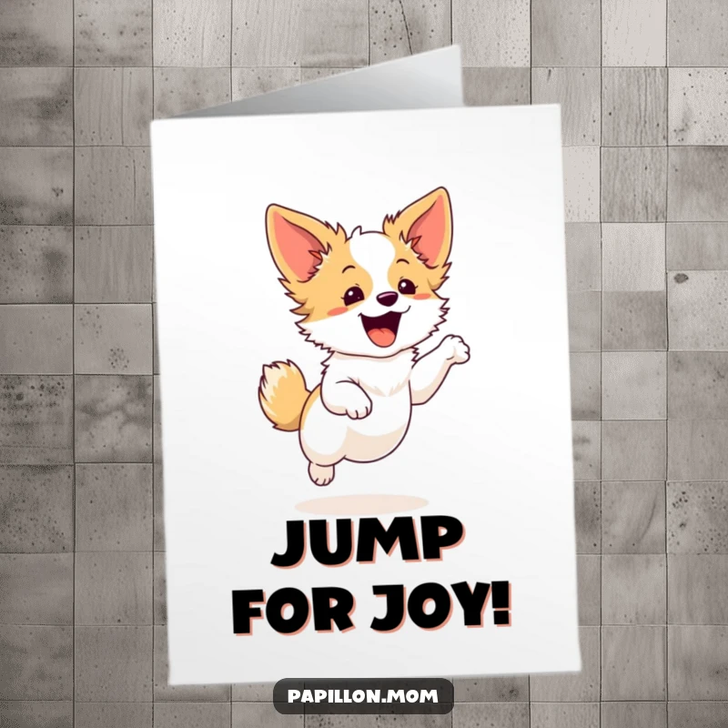 Joyful Free Printable Congratulations Card: an excited Papillon dog captured mid-leap, celebrating a fantastic achievement with grace.