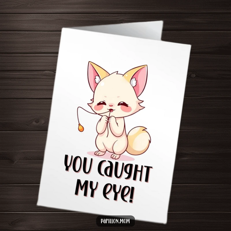 Free Printable Congratulations Card: Kawaii Papillon lady playfully batting at a dangling string, celebrating achievements with joy.