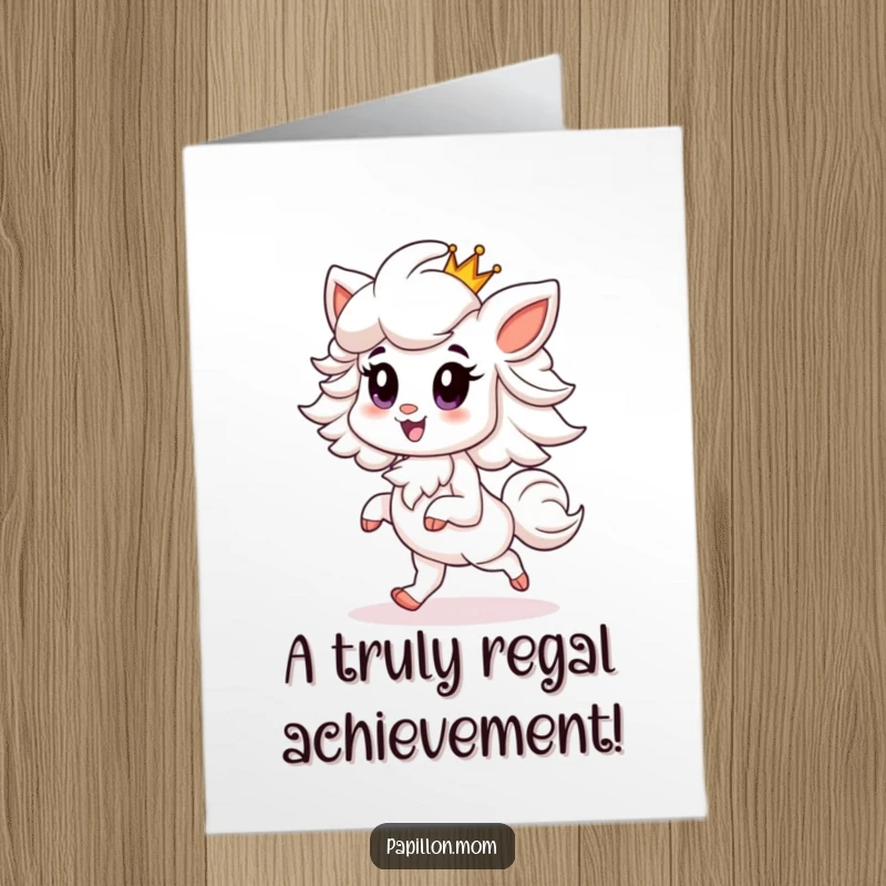 Funny Free Printable Congratulations Card: Papillon dog with a proud grin, prancing elegantly, wearing a small, shiny crown.