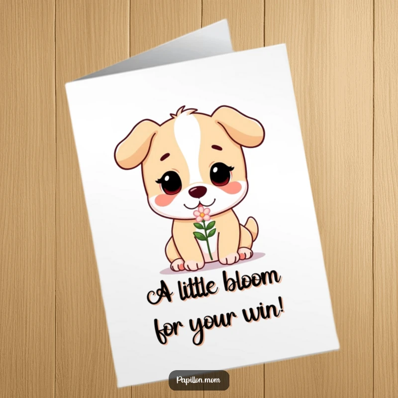 Funny Free Printable Congratulations Card: A gentle dog offering a delicate flower, conveying heartfelt congratulations and sweet sentiment.