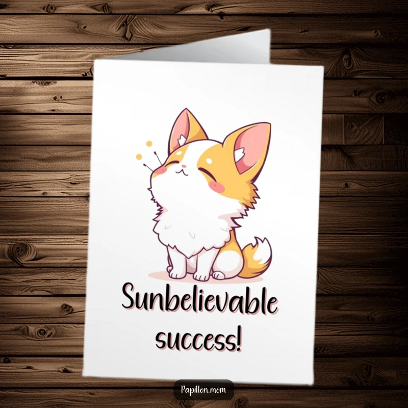Free Printable Papillon Congratulations Card: Content dog sighing happily, looking at the sun. A downloadable moment of joy.