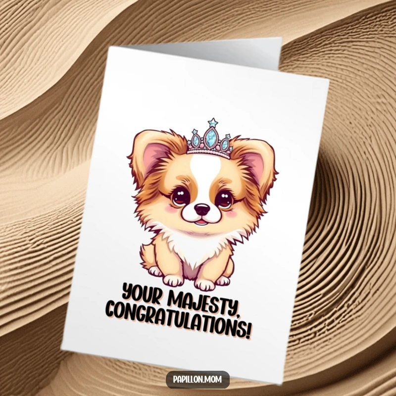 Funny Free Printable Papillon Congratulations Card: Adorable dog wearing a tiny sparkly tiara, looking enchanted and regal.