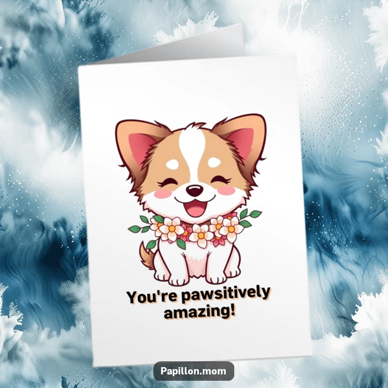 Funny Free Printable Papillon Congratulations Card with a happy dog wearing a flower garland, perfect for celebrating achievements.