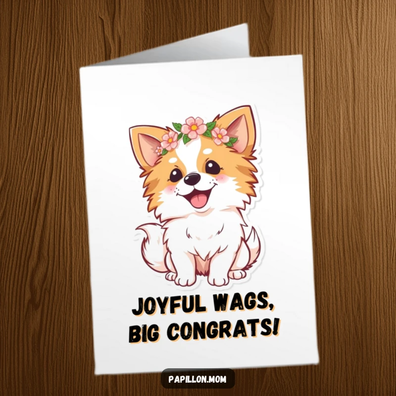 Funny Free Printable Papillon Congratulations Card: Joyful dog with a flower crown, wagging its tail enthusiastically.