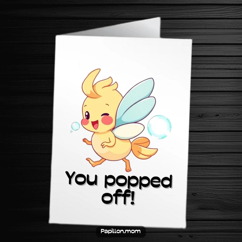 Funny Free Printable Papillon Congratulations Card: Happy dog chasing a shimmering soap bubble with delight.