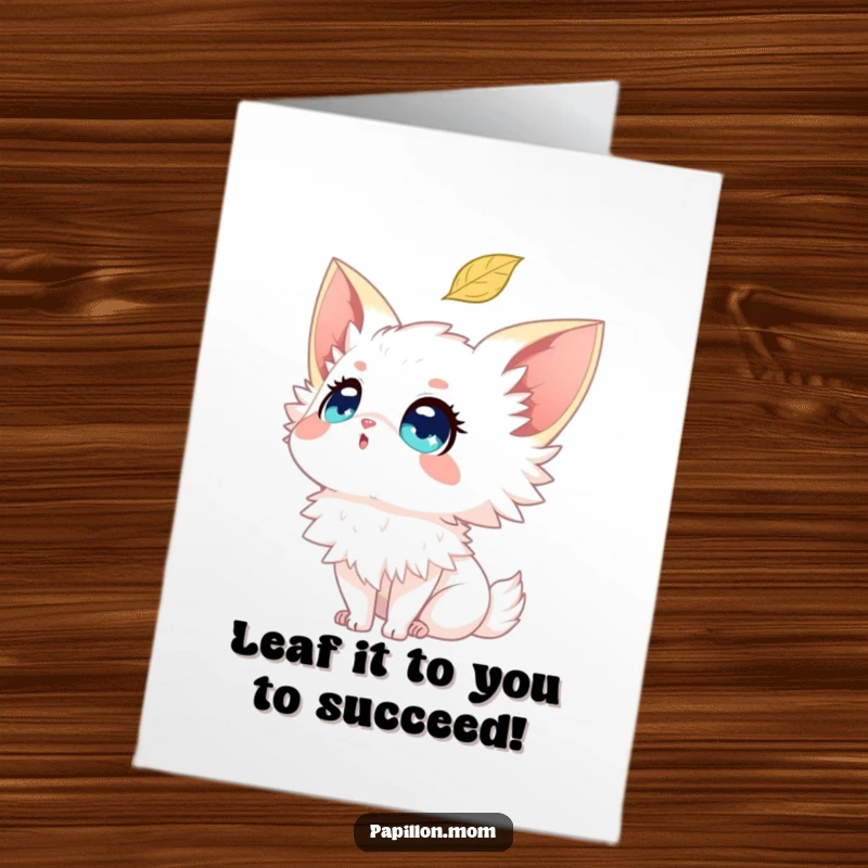 Free Printable Papillon Congratulations Card: Dog with sparkling eyes looking up at a falling leaf. A celebratory downloadable.