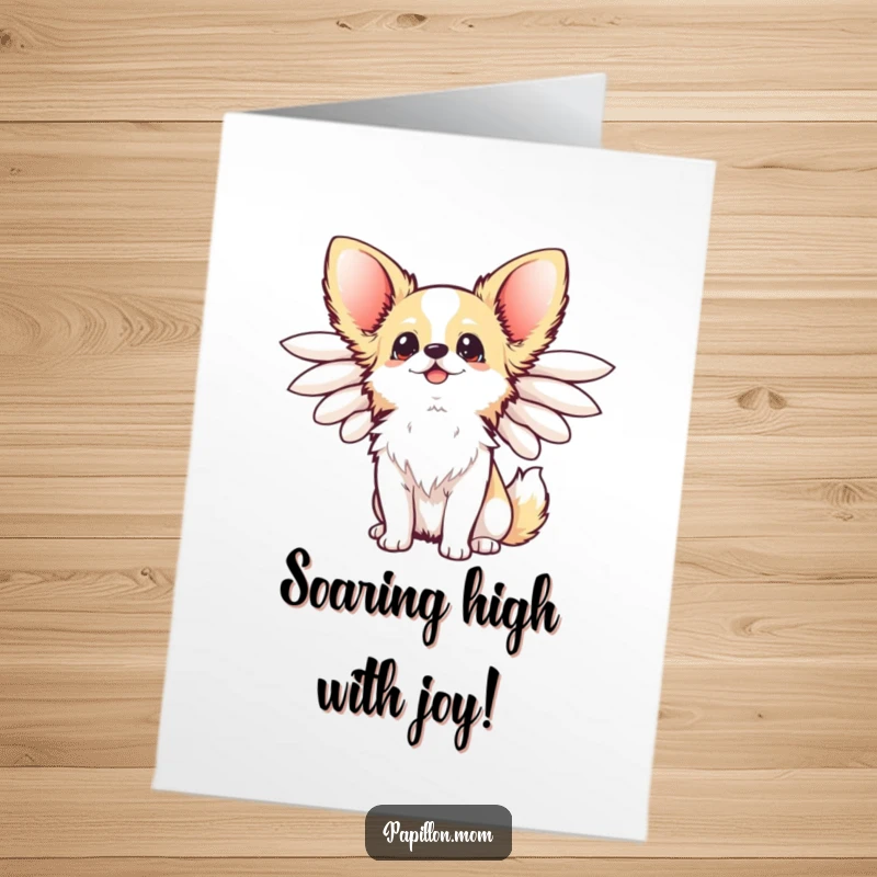 Funny Free Printable Congratulations Card: Kawaii Papillon dog with elegant wings flared, looking up happily, celebrating your achievement.