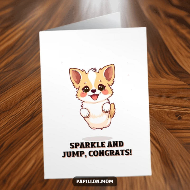 Funny Free Printable Congratulations Card: Kawaii Papillon dog leaping playfully with a joyful sparkle in its eyes, celebrating victory.