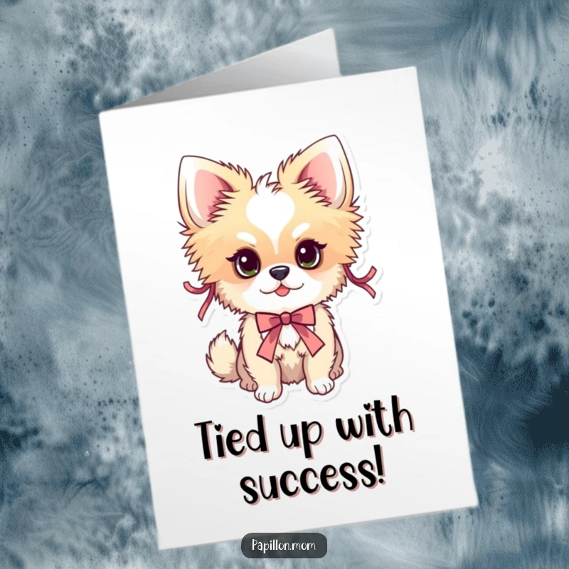 Funny Free Printable Congratulations Card: A Papillon dog adorned with colorful ribbons, celebrating a grand achievement.