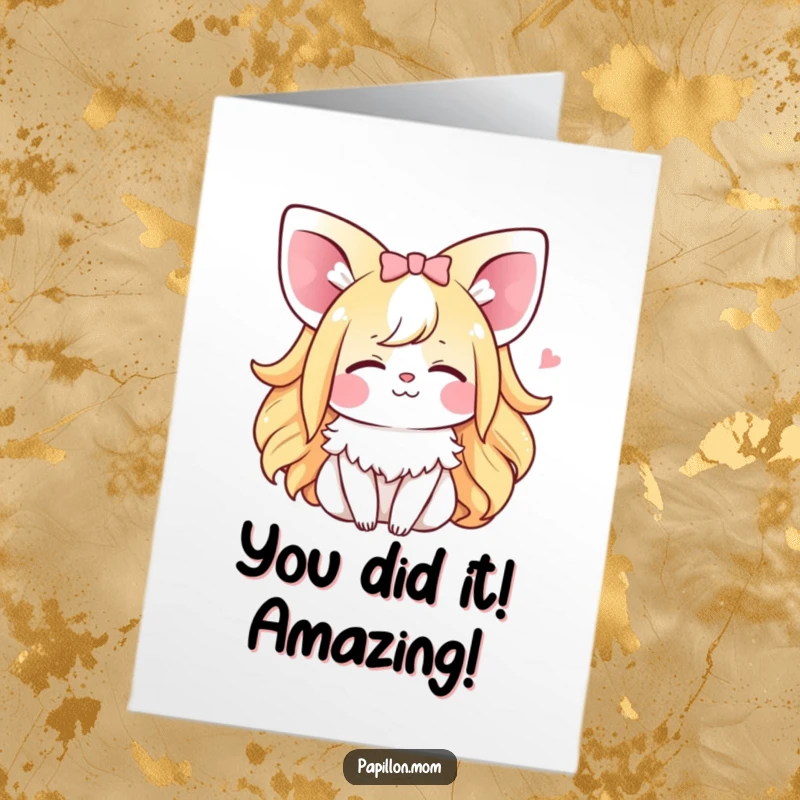 Funny Free Printable Congrats Card: Kawaii Papillon lady with a blissful sigh, perfect for celebrating achievements.