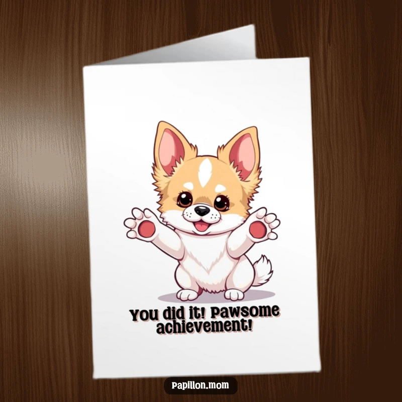 Funny Free Printable Congrats Card: Kawaii Papillon dog extends paws with excitement, celebrating your amazing achievements with a playful spirit.