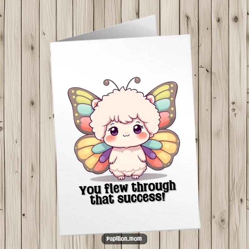 Funny Free Printable Congratulations Card: A fluffy creature with a charming head and large, expressive, colorful butterfly wings, ready to take flight.