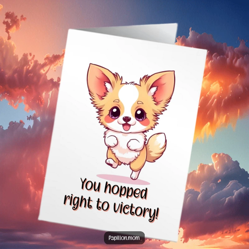 Funny Free Printable Papillon Congratulations Card: Dog doing a silly hop, ears blurred, celebrating your success. A downloadable cheer.