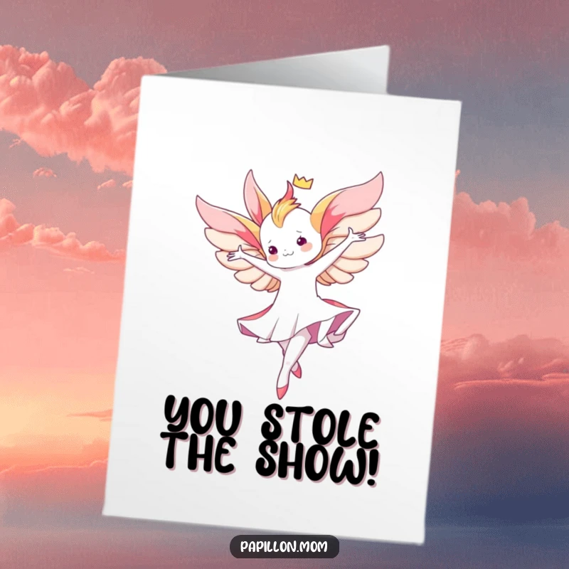 Free Printable Congratulations Card: Kawaii Papillon lady performing a graceful aerial twirl, celebrating achievements with poise and beauty.