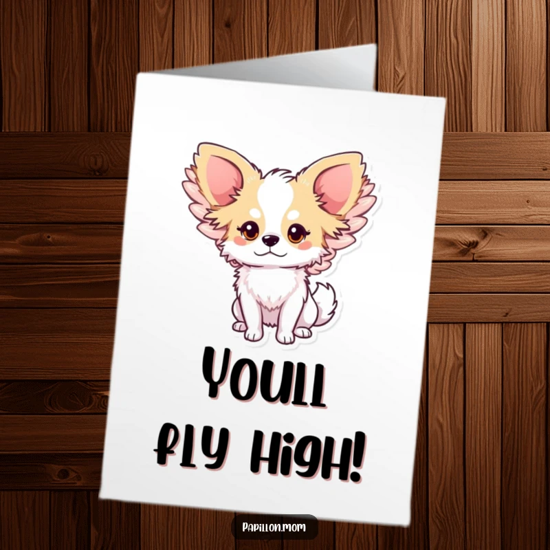 Whimsical Free Printable Congratulations Card of a cute Papillon dog with large, gently flapping wings, like a tiny angel.